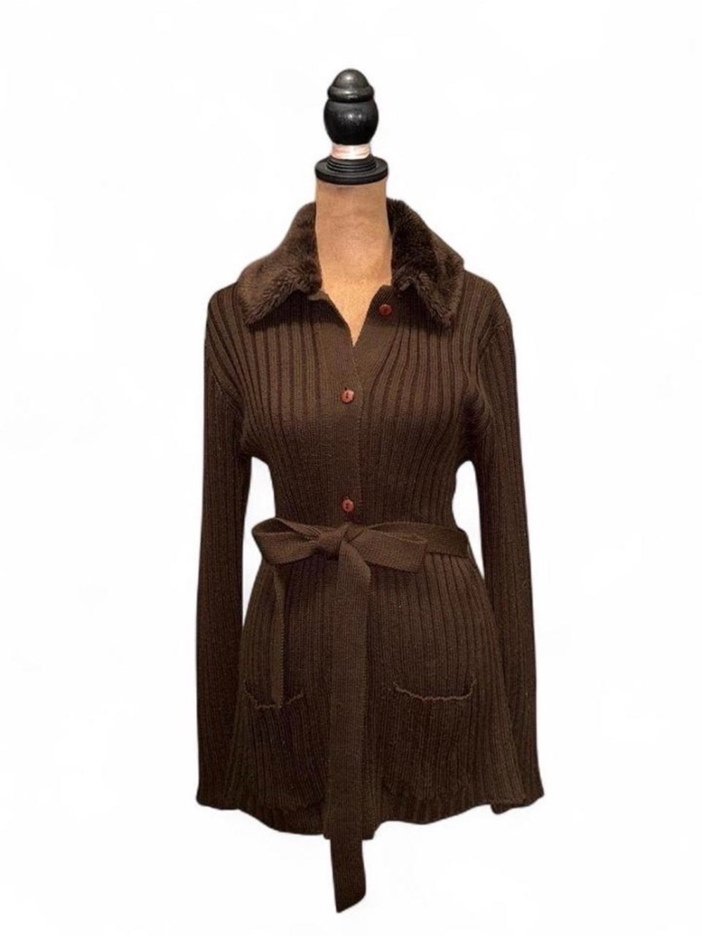 Brown Ribbed Button-Front Belted Sweater with Faux Fur Collar Express Medium